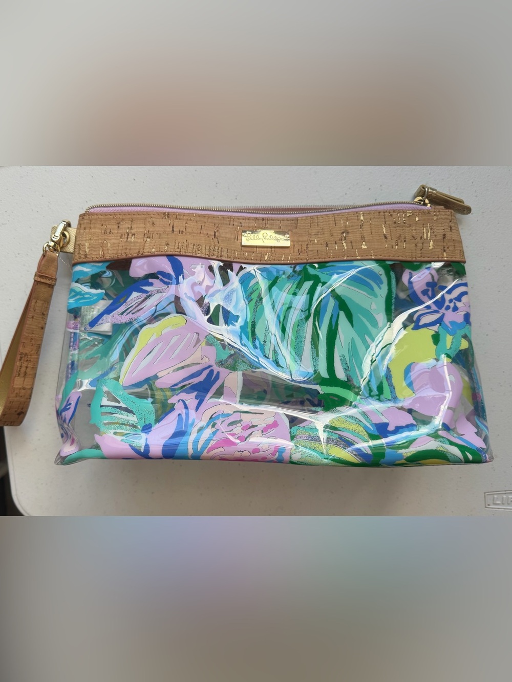 Lilly Pulitzer Multicolor Palm Leaf Clear wristlet. Like new